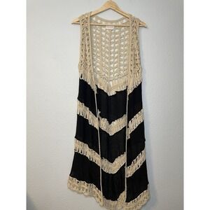Dreamers Western Boho Hippie Duster Vest Crochet Long Black and Cream Size Small